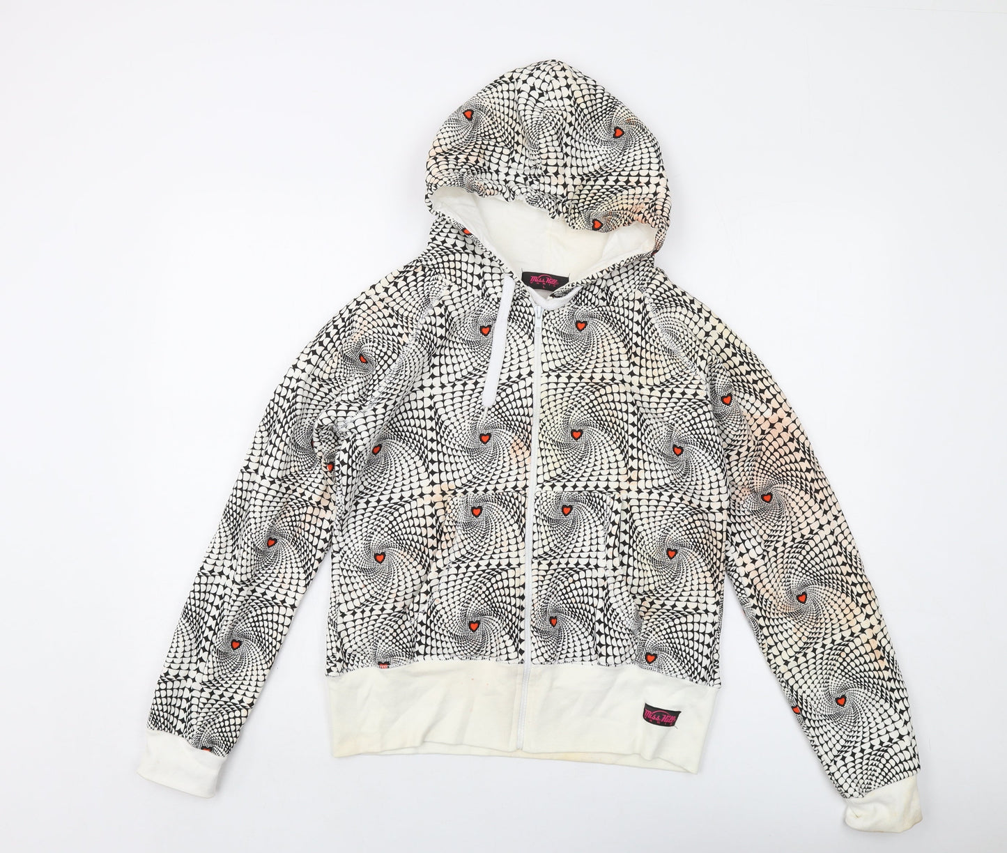 Miss Hill Womens Ivory Geometric Cotton Full Zip Hoodie Size L Zip