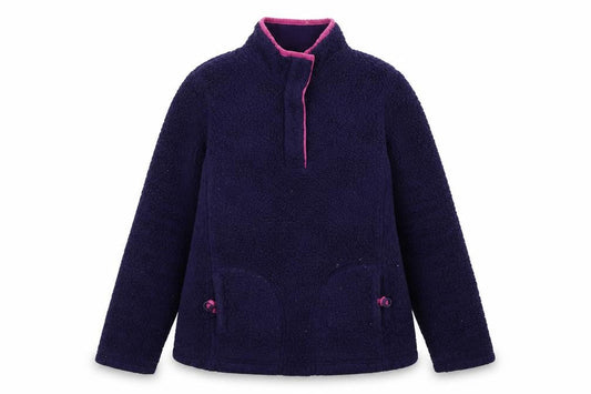 Front view of Maine New England women’s purple mock neck polyester jumper, size UK 14, - logo