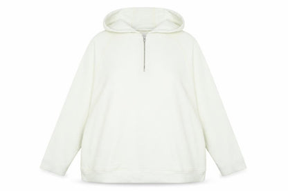 Front view of kin women’s ivory polyester pullover hoodie, size XL, - logo