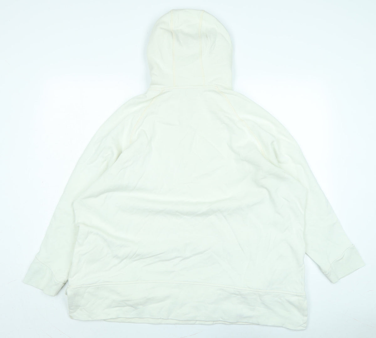 Back view of kin women’s ivory polyester pullover hoodie, size XL, - logo