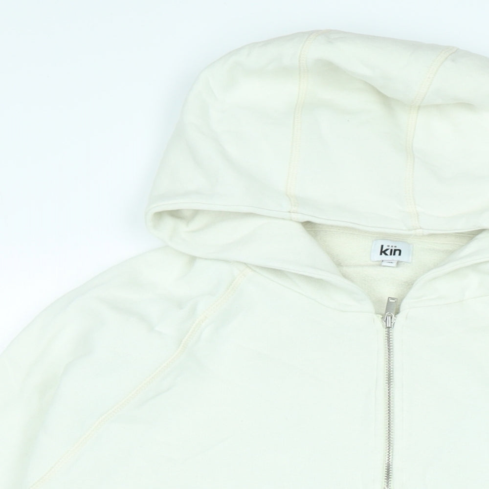 Close-up detail of kin women’s ivory polyester pullover hoodie, size XL, - logo