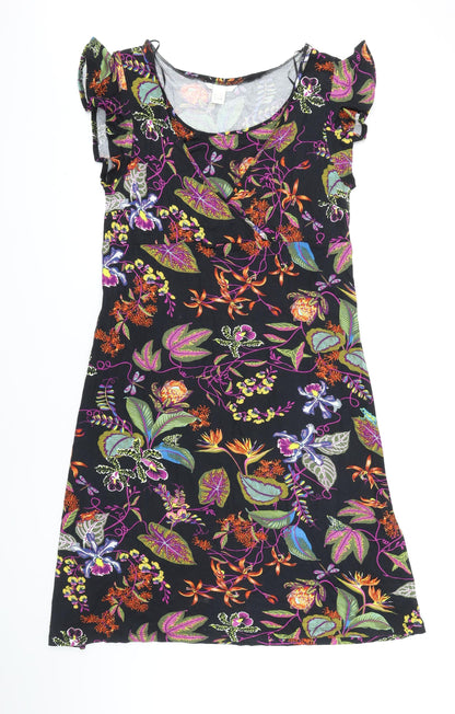 H&M Womens Black Floral Viscose A-Line Size L Scoop Neck
