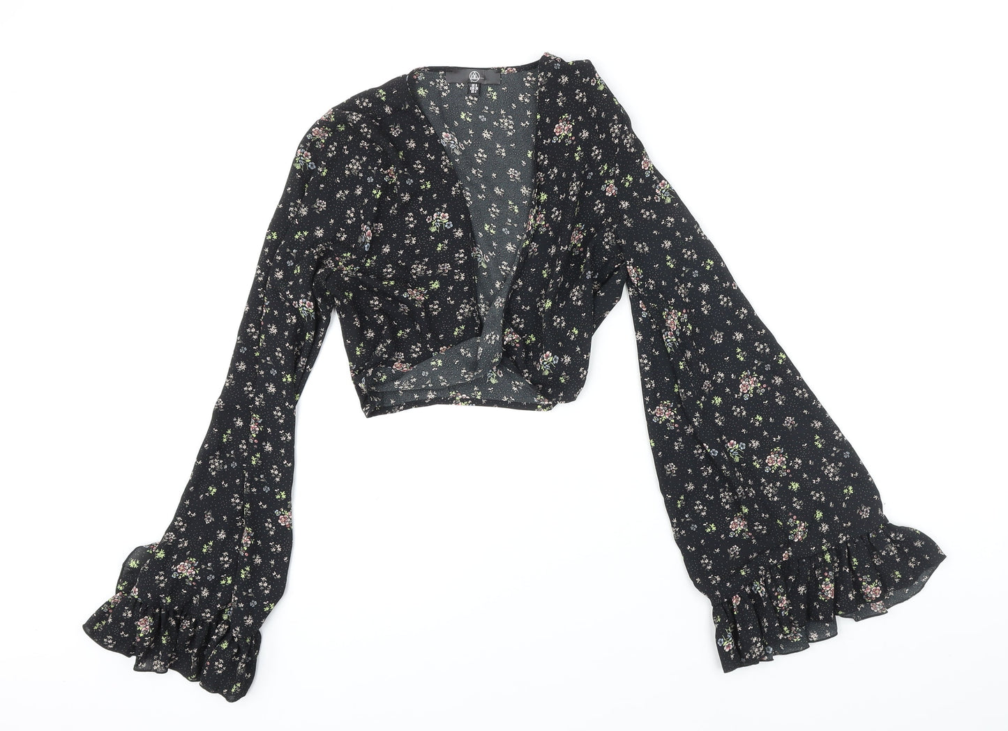 Missguided Womens Black Floral Polyester Cropped Blouse Size 8 V-Neck