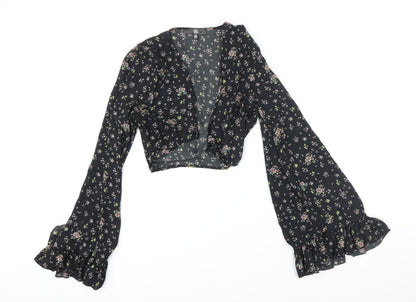 Missguided Womens Black Floral Polyester Cropped Blouse Size 8 V-Neck