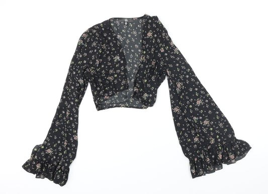 Missguided Womens Black Floral Polyester Cropped Blouse Size 8 V-Neck
