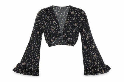 Missguided Womens Black Floral Polyester Cropped Blouse Size 8 V-Neck