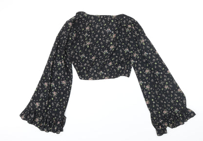Missguided Womens Black Floral Polyester Cropped Blouse Size 8 V-Neck