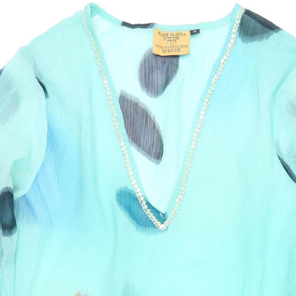 Made in India Womens Green Geometric Polyester Kimono Blouse Size M V-Neck - Sequin detail