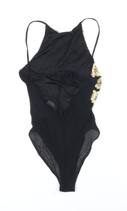 Topshop Womens Black Floral 100% Polyester Bodysuit One-Piece Size 8 Snap - Sequin detail