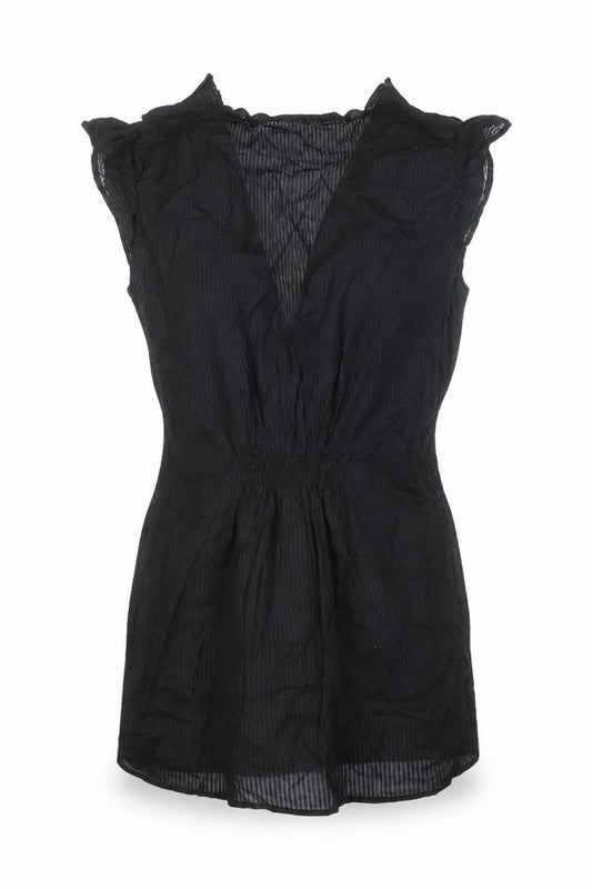Front view of BCBGMAXAZRIA women’s black 100% cotton tunic blouse, size S, v-neck