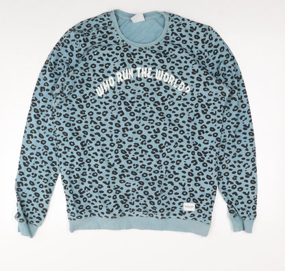 Colour Rebel Womens Blue Animal Print Cotton Pullover Sweatshirt Size L Pullover - Who run the world? Girls Leopard Print