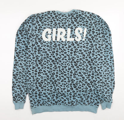 Colour Rebel Womens Blue Animal Print Cotton Pullover Sweatshirt Size L Pullover - Who run the world? Girls Leopard Print