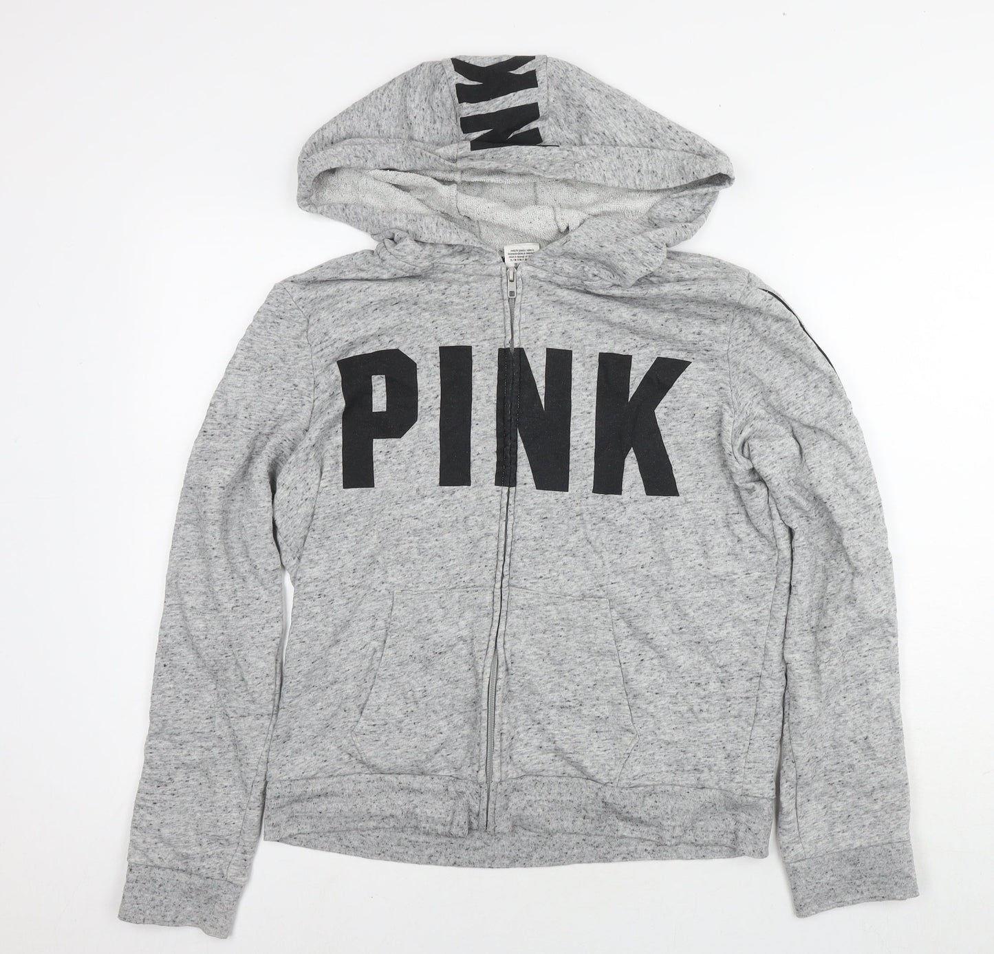 PINK Womens Grey Cotton Full Zip Hoodie Size L Zip - Logo