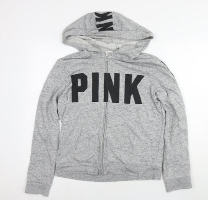 PINK Womens Grey Cotton Full Zip Hoodie Size L Zip - Logo