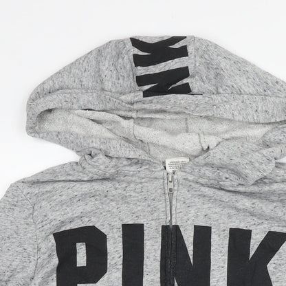 PINK Womens Grey Cotton Full Zip Hoodie Size L Zip - Logo