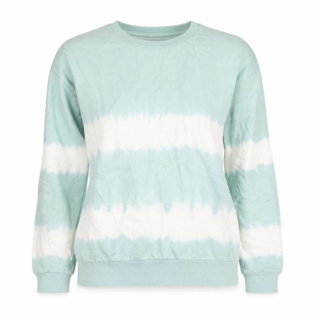 Front view of ASOS women’s blue striped cotton pullover sweatshirt, size UK 10, pullover