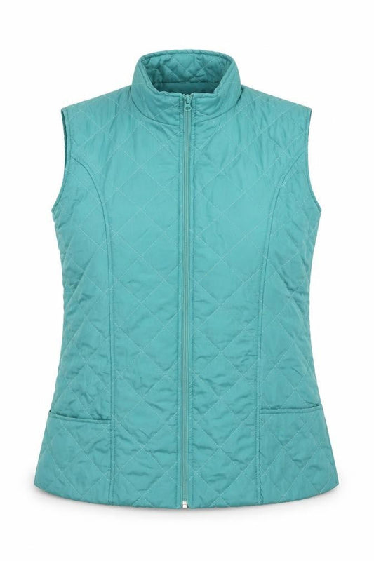 Front view of Anne de Lancey women’s blue quilted waistcoat, size M, zip