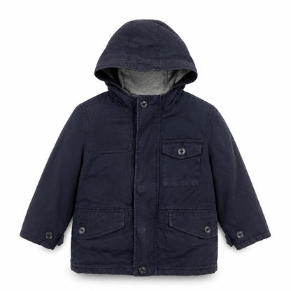 Front view of Gap boys’ blue parka jacket, size 3, years zip - detachable fleece