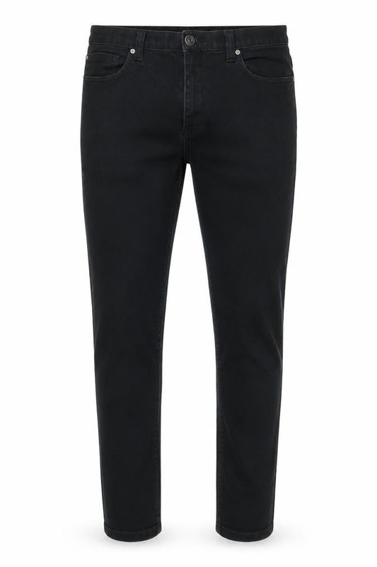 Front view of Denim & Co. men’s black cotton skinny jeans, size 34, in, 32-inch leg regular zip