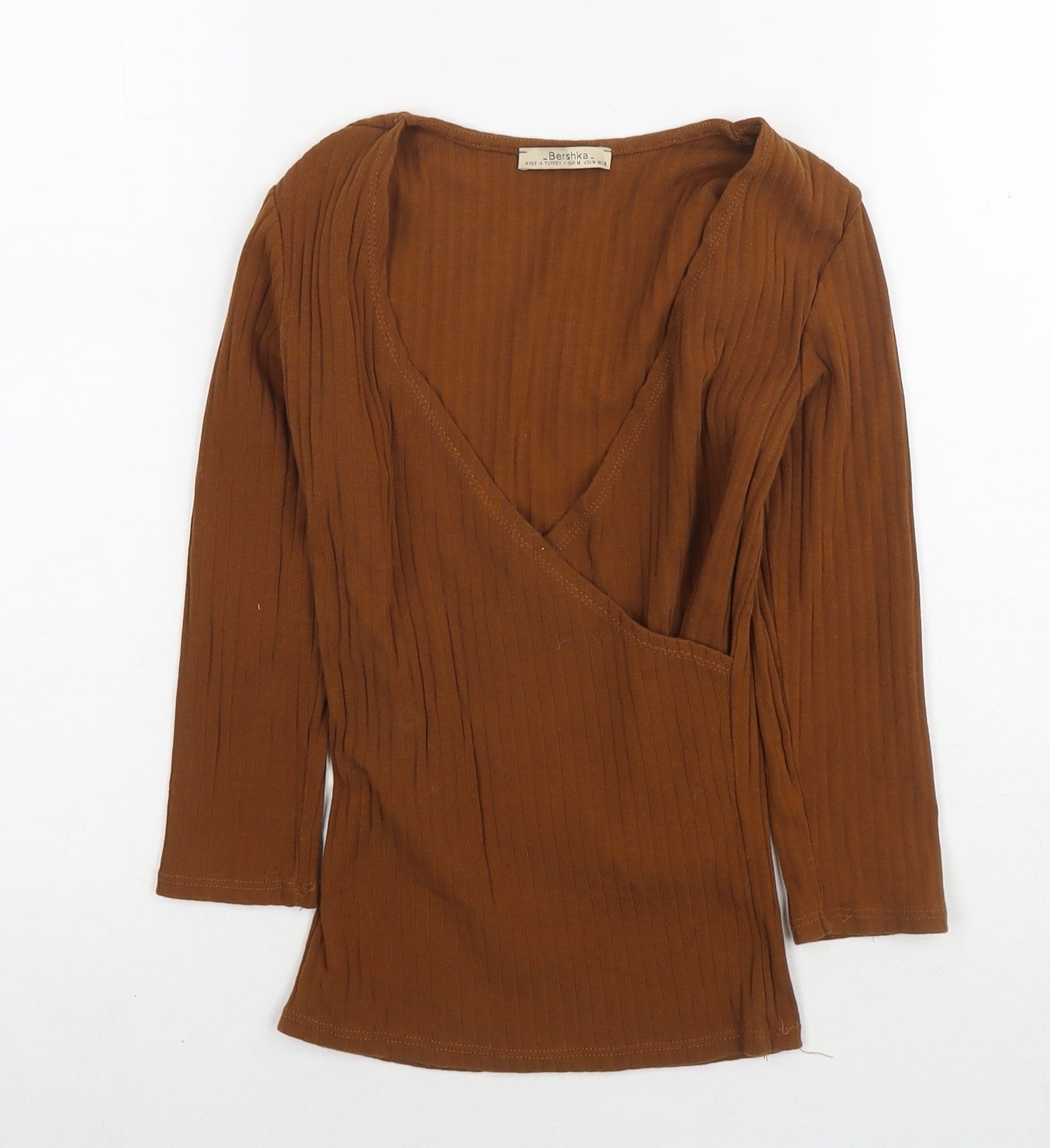 Bershka Womens Brown Cotton Basic T-Shirt Size M Round Neck - Ribbed