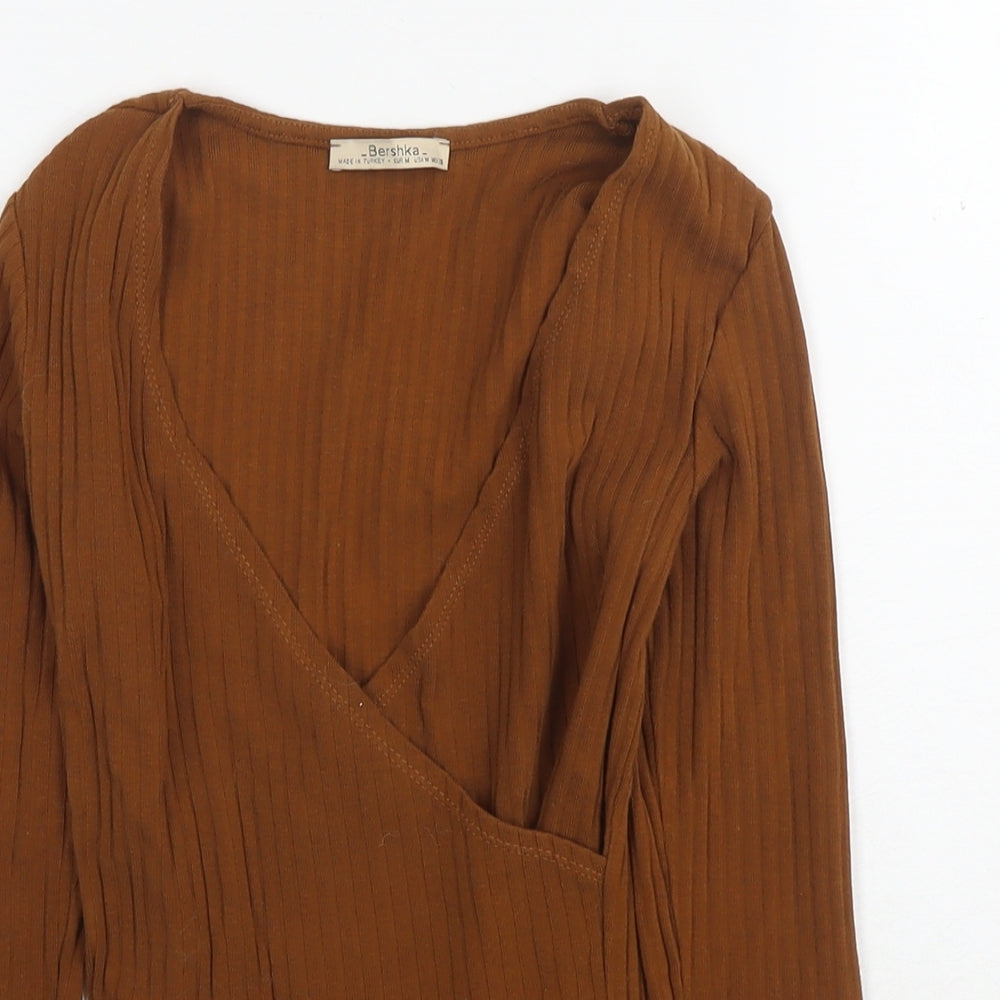 Bershka Womens Brown Cotton Basic T-Shirt Size M Round Neck - Ribbed