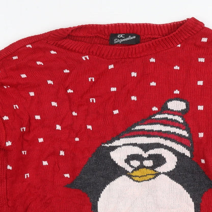 AC Signature Girls Red Round Neck Polyester Tunic Jumper Size 9 Years Pullover - Christmas Jumper Penguin