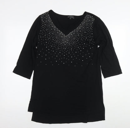 Grace Womens Black Viscose Tunic Blouse Size 12 Round Neck - Embellishment Detail