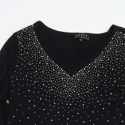 Grace Womens Black Viscose Tunic Blouse Size 12 Round Neck - Embellishment Detail