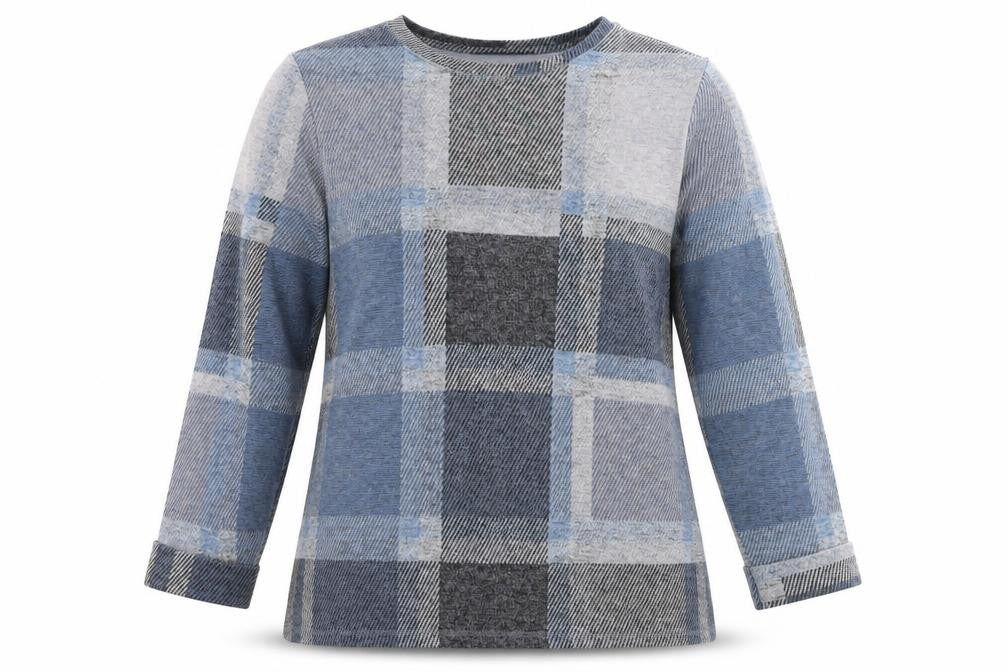 Marks & Spencer Womens Blue Check Polyester Basic Blouse Size 12 Round Neck