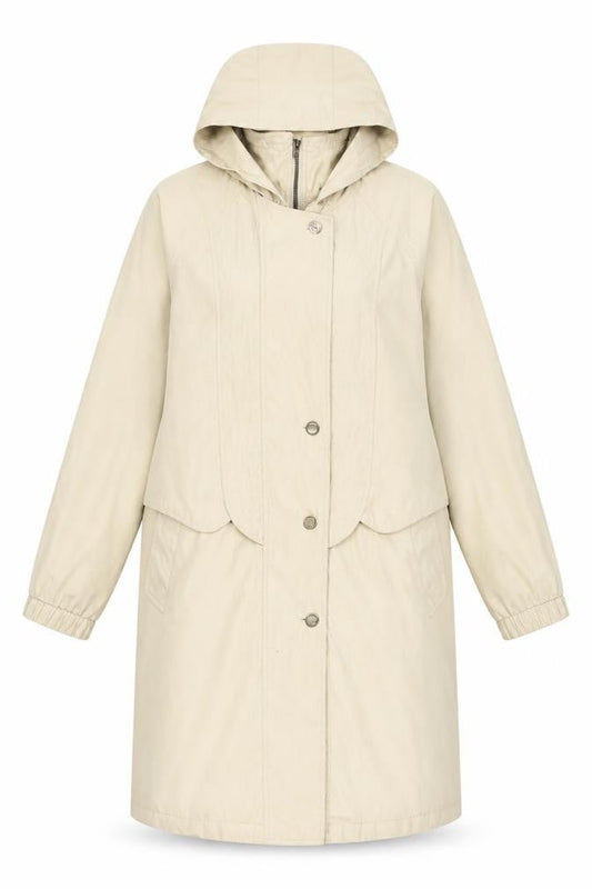 Front view of Canda women’s beige overcoat coat, size UK 18, zip