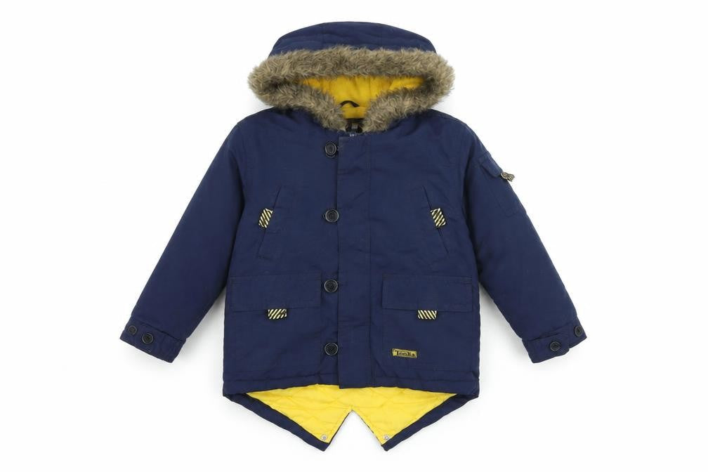 Front view of Tonka boys’ blue overcoat coat, size 2-3, years zip