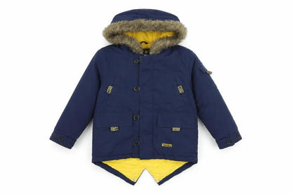 Front view of Tonka boys’ blue overcoat coat, size 2-3, years zip