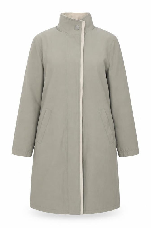 Front view of NuAge women’s beige overcoat coat, size UK 8, button