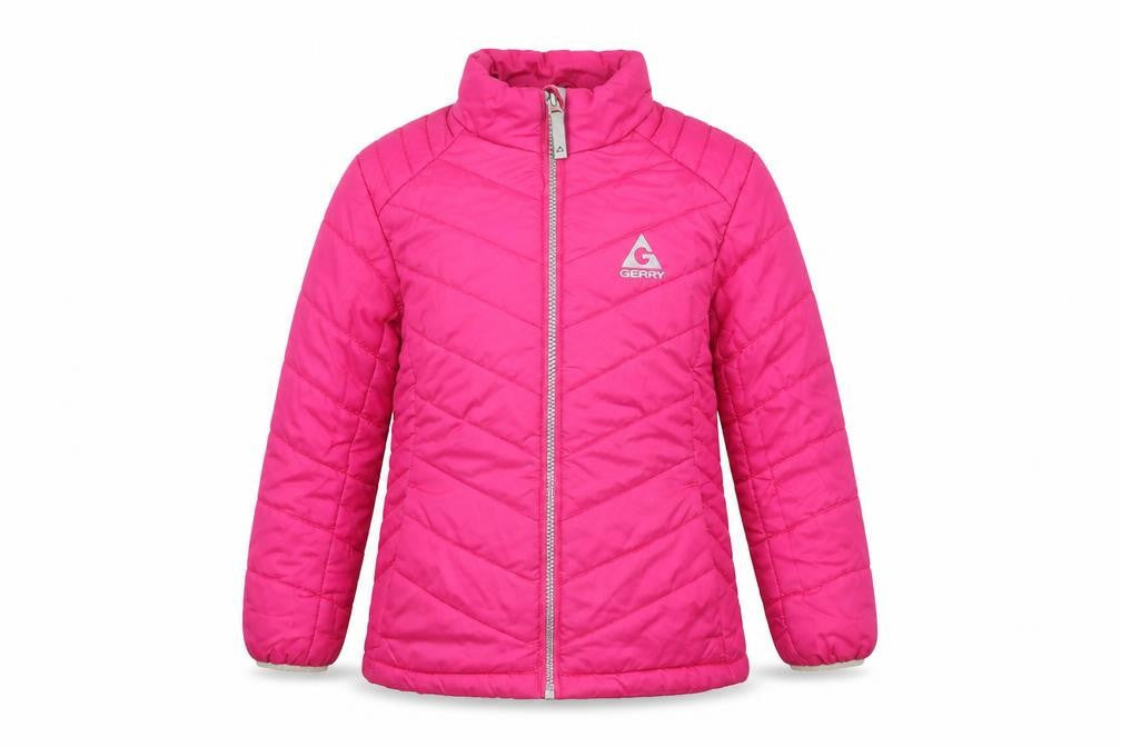 Front view of Gerry girls’ pink puffer jacket coat, size 7-8, years zip