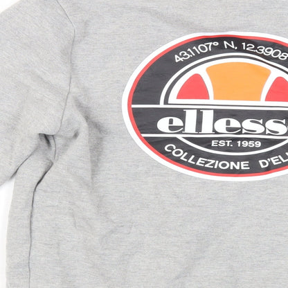 Brand and care label for Ellesse girls’ grey cotton pullover sweatshirt, size M, pullover