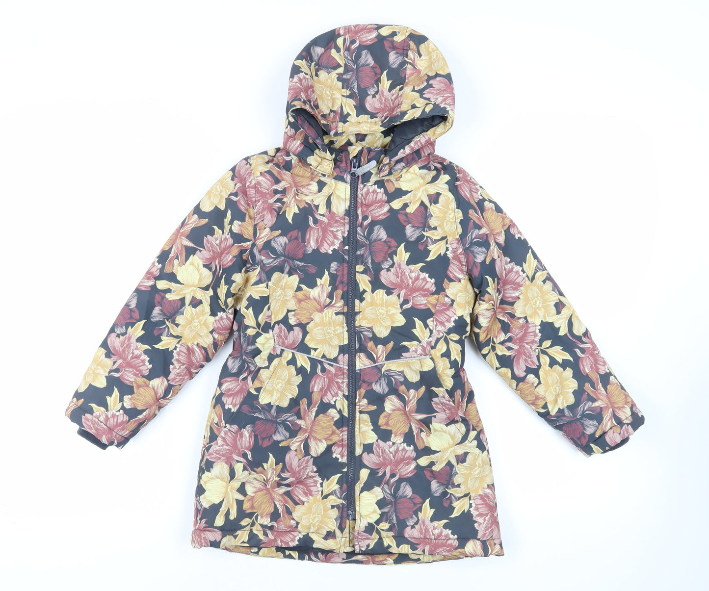 name it Girls Grey Floral Basic Coat Coat Size 7 Years Zip - Hooded