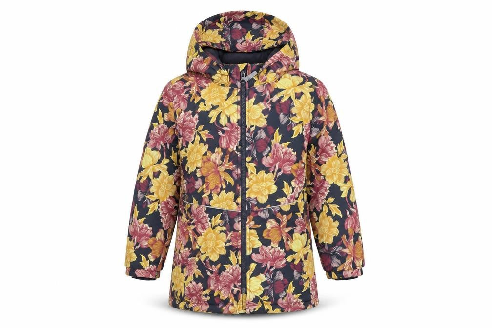 Front view of NAME IT girls’ grey floral basic coat coat, size 7, years zip - hooded