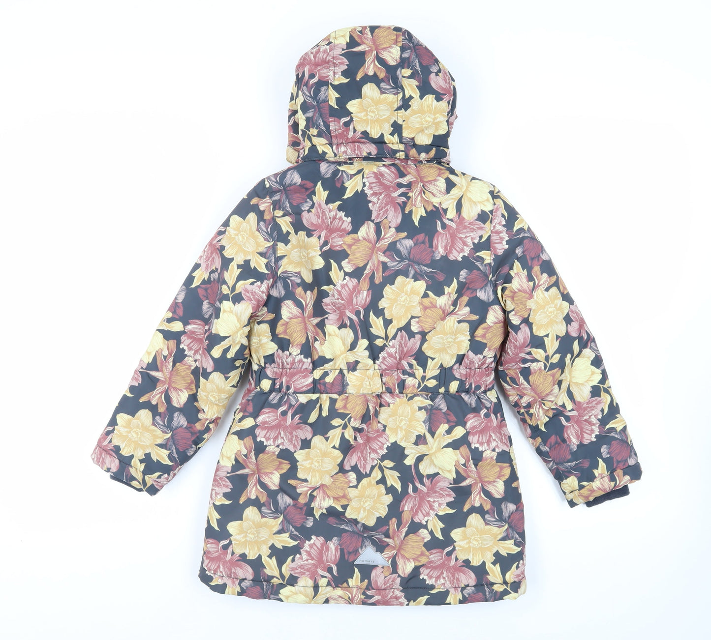 name it Girls Grey Floral Basic Coat Coat Size 7 Years Zip - Hooded