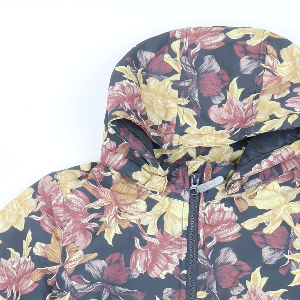 name it Girls Grey Floral Basic Coat Coat Size 7 Years Zip - Hooded