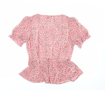 Quiz Womens Pink Animal Print Polyester Basic Blouse Size 12 V-Neck - Peplum