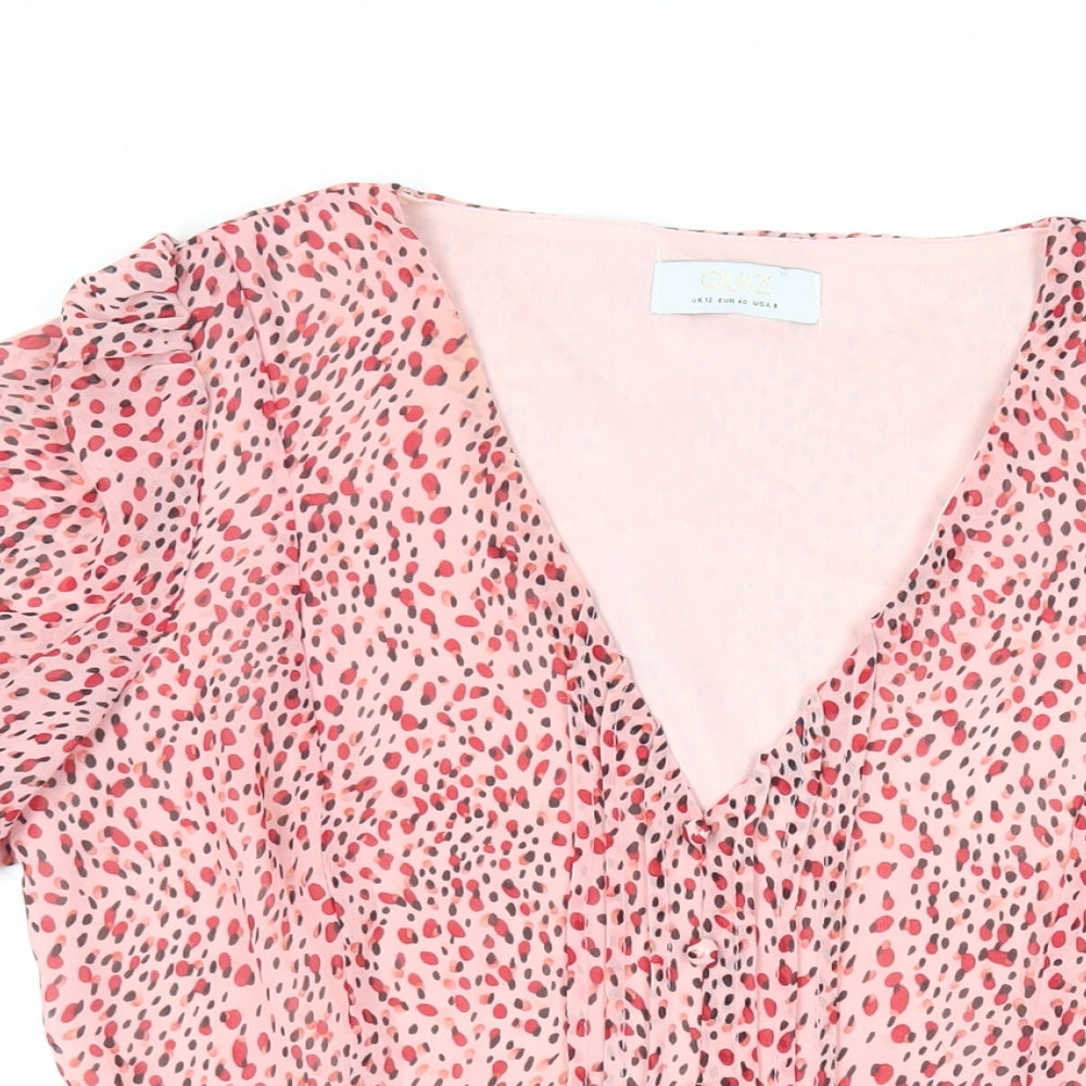 Quiz Womens Pink Animal Print Polyester Basic Blouse Size 12 V-Neck - Peplum