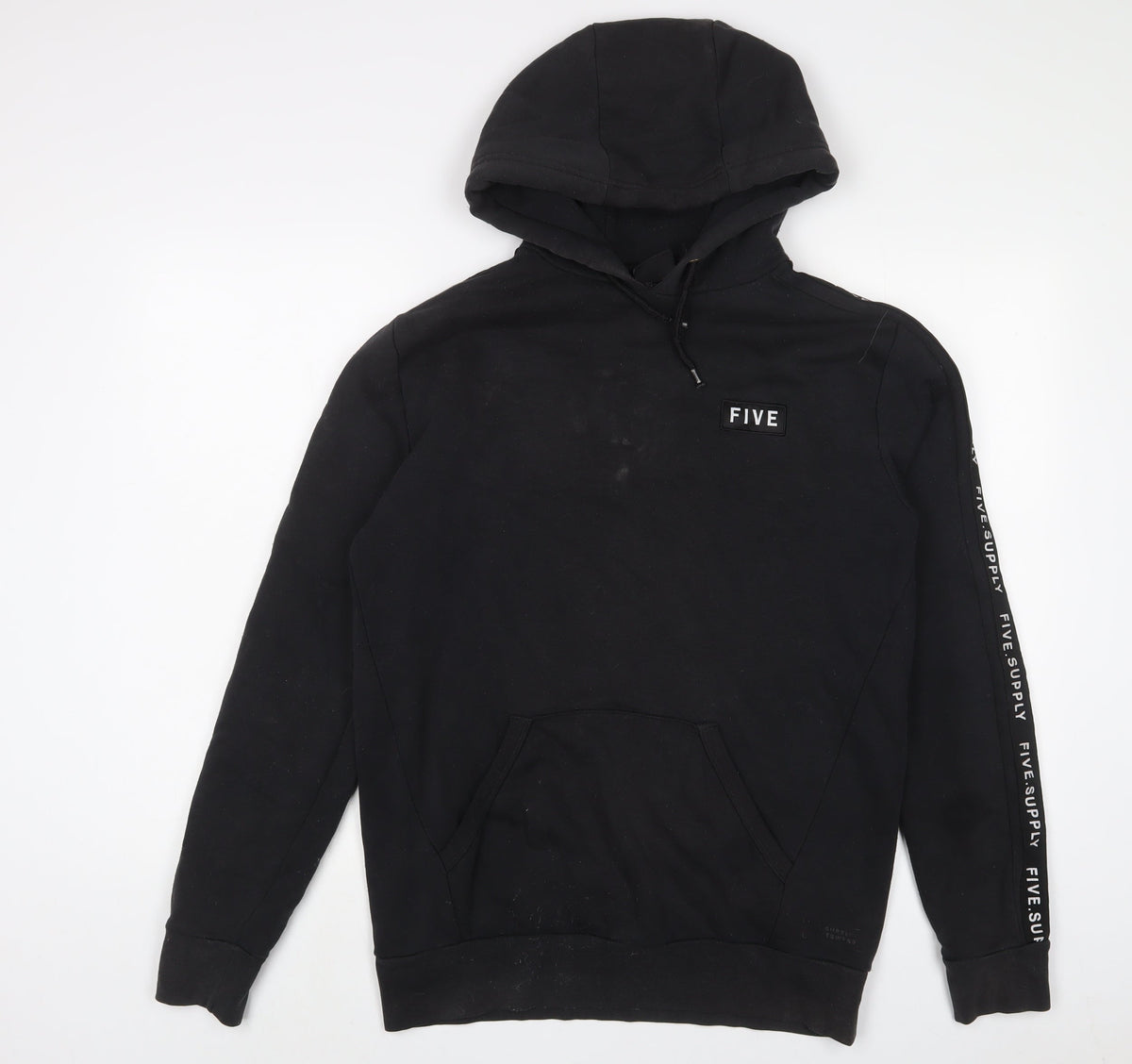 FIVE Mens Black Cotton Pullover Hoodie Size M - Embroidered