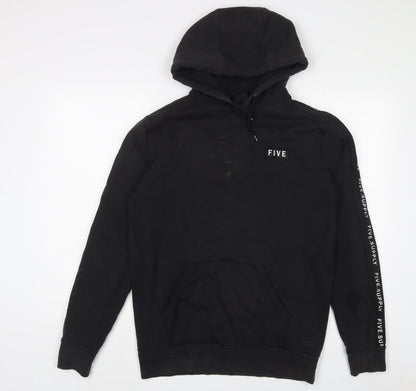 FIVE Mens Black Cotton Pullover Hoodie Size M - Embroidered