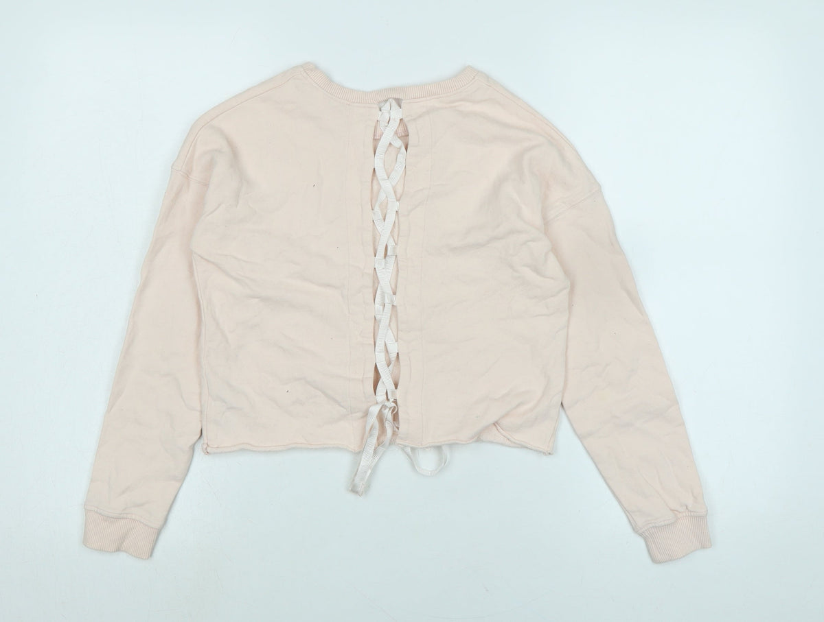 Back view of Miss Selfridge women’s pink polyester pullover sweatshirt, size UK 4, - logo