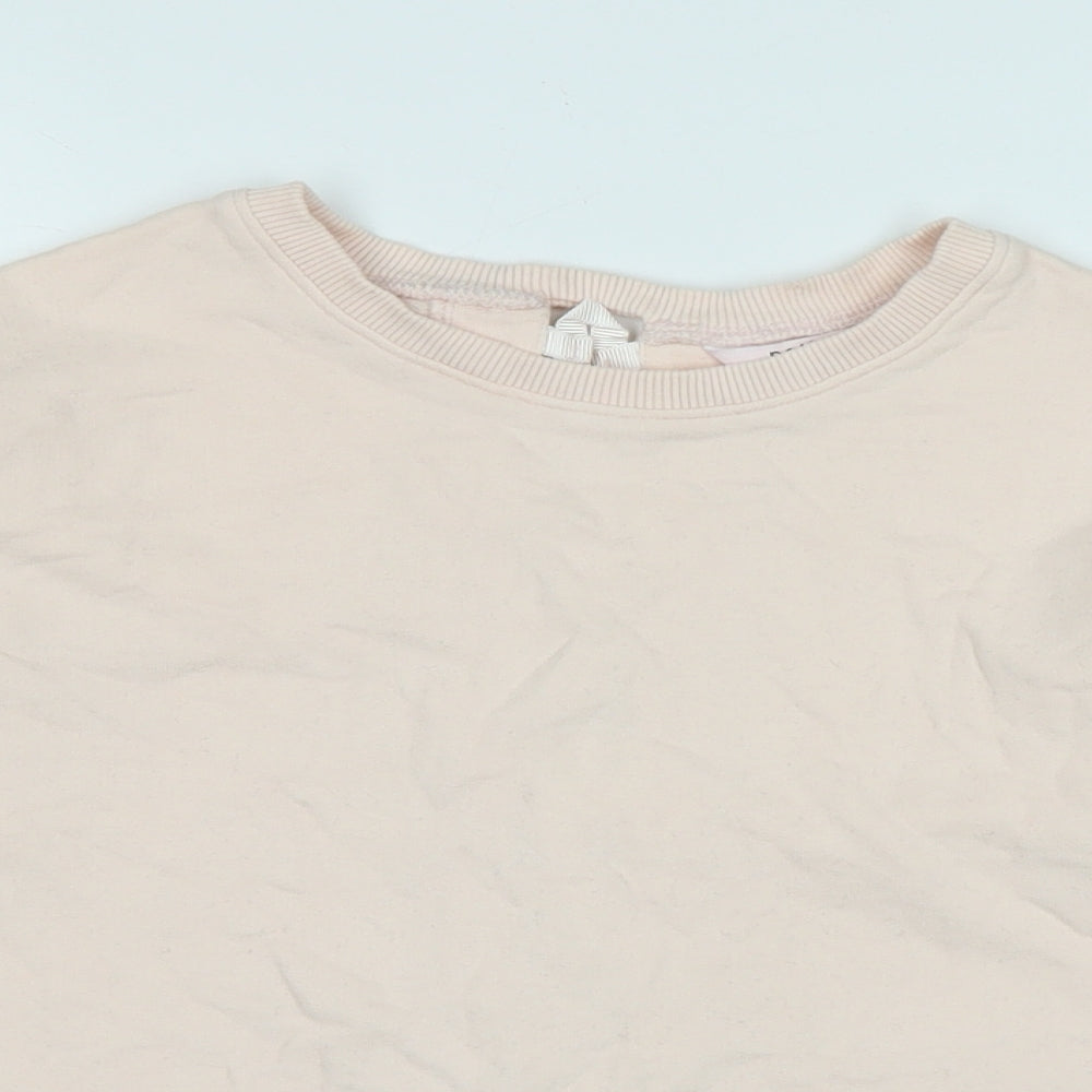 Close-up detail of Miss Selfridge women’s pink polyester pullover sweatshirt, size UK 4, - logo