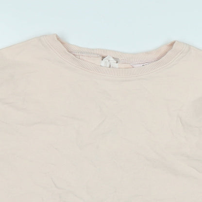 Close-up detail of Miss Selfridge women’s pink polyester pullover sweatshirt, size UK 4, - logo
