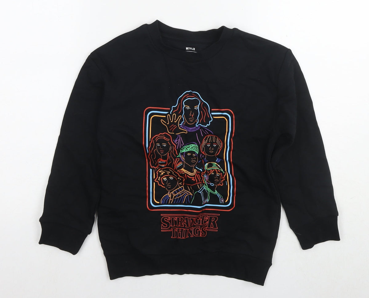 Front view of Stranger Things boys’ black cotton pullover sweatshirt, size 7-8, years pullover - logo netflix