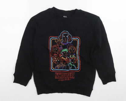 Front view of Stranger Things boys’ black cotton pullover sweatshirt, size 7-8, years pullover - logo netflix