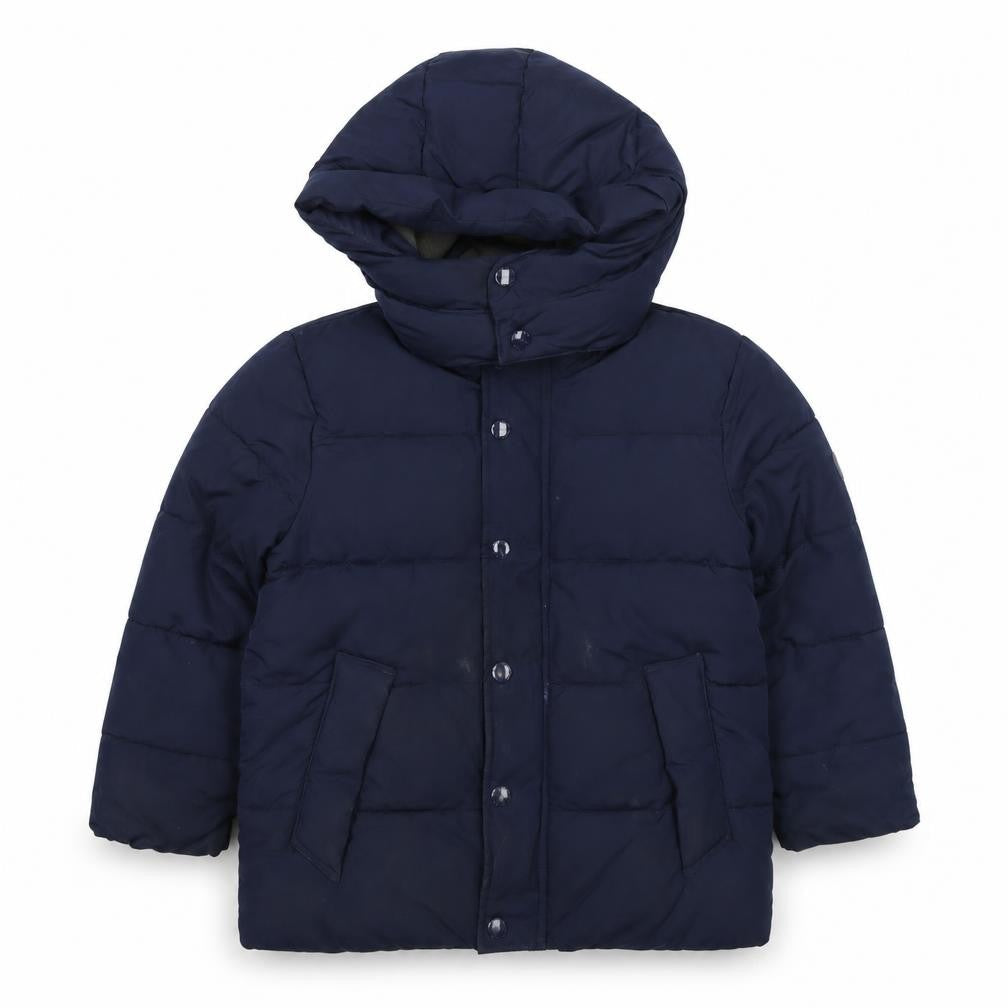 Front view of Gap boys’ blue puffer jacket coat, size S, zip