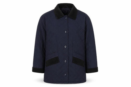 Front view of BDG men’s blue quilted coat, size M, button
